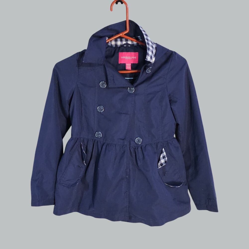 London Fog Girls Navy Blue Trench Coat Gingham Lined Peplum Jacket M 10-12